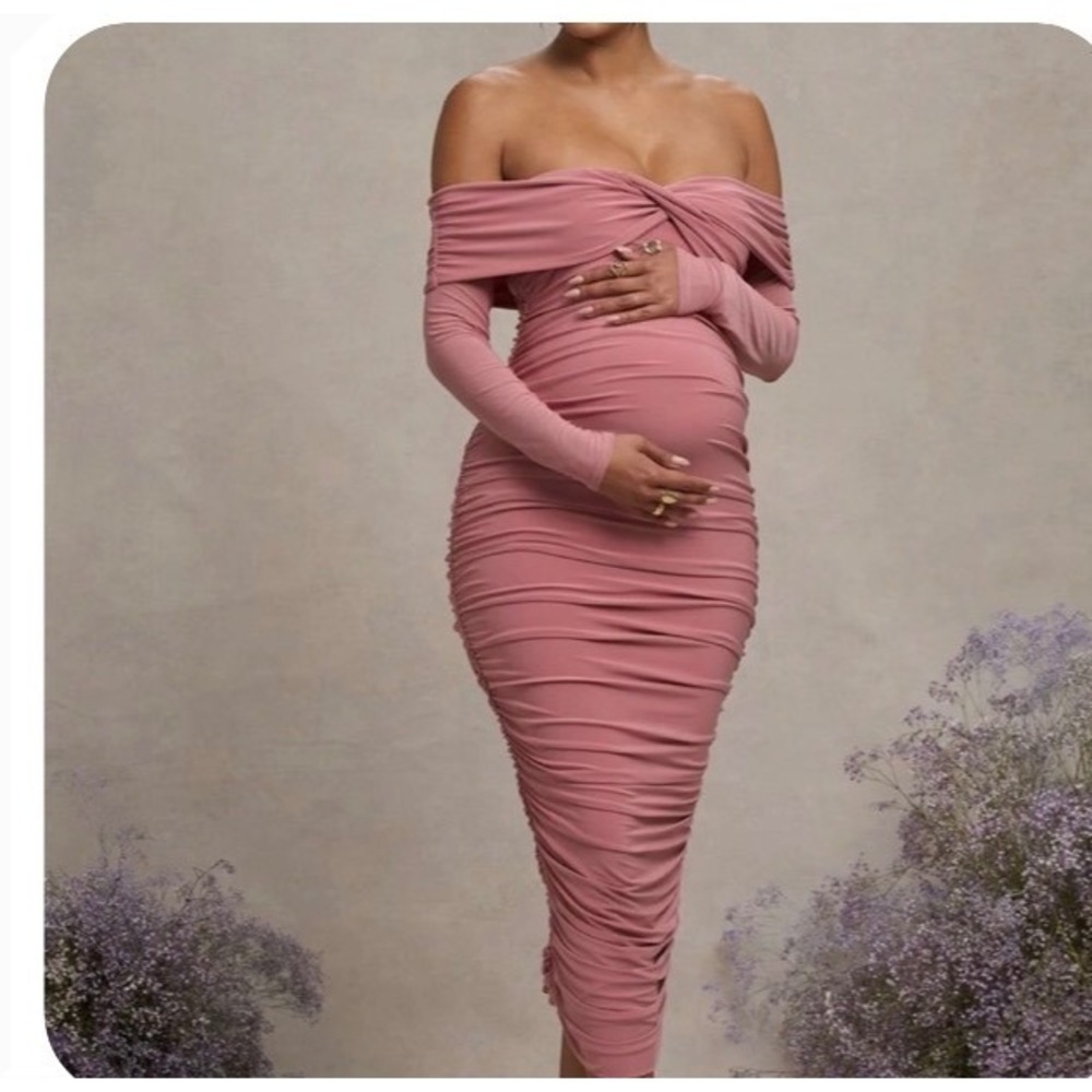 Club L London Neva Blush Bardot Twist Maternity Midi Dress Pink Size US 12 NEW